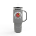 Gray travel mug with a logo and text on a white background