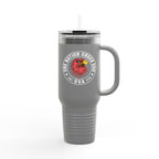 Gray travel mug with a logo and text on a white background
