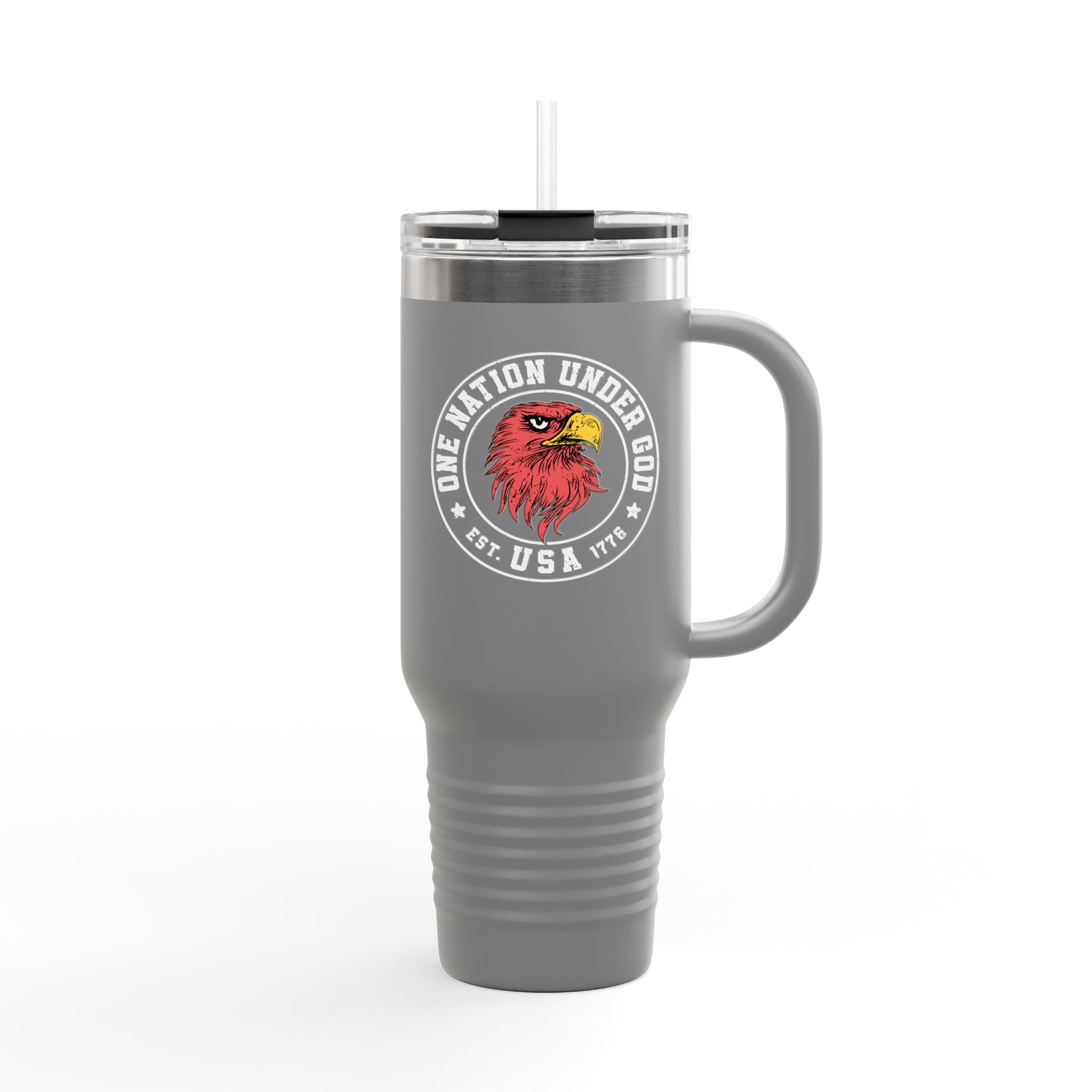 Gray travel mug with a logo and text on a white background