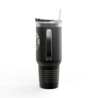 Black tumbler with a logo on a white background