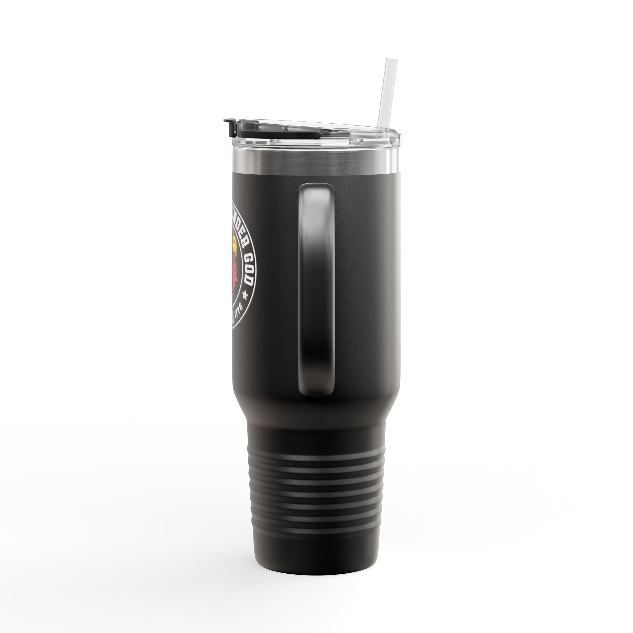 Black tumbler with a logo on a white background