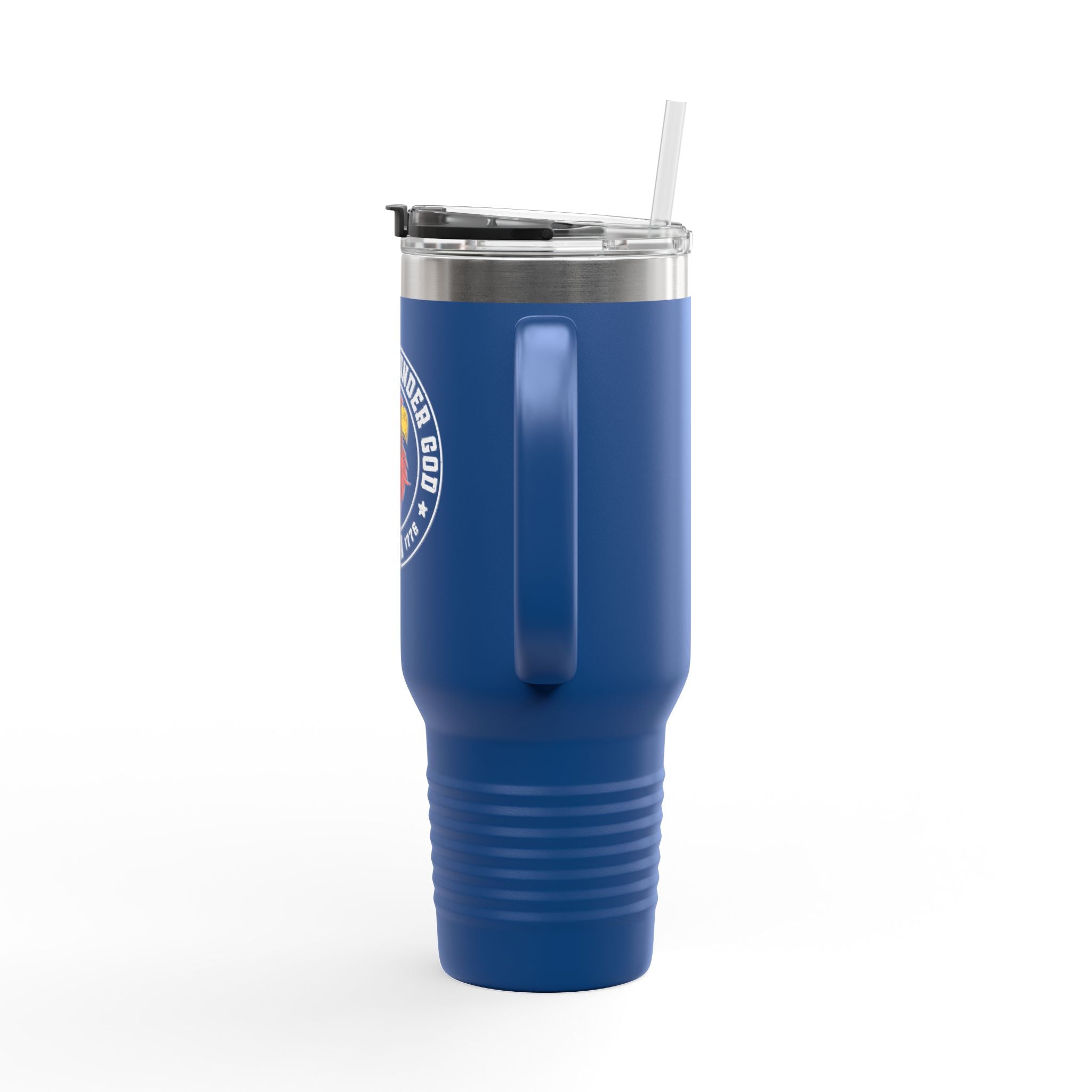 Blue tumbler with a logo on a white background