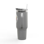 Gray tumbler with a logo on a white background