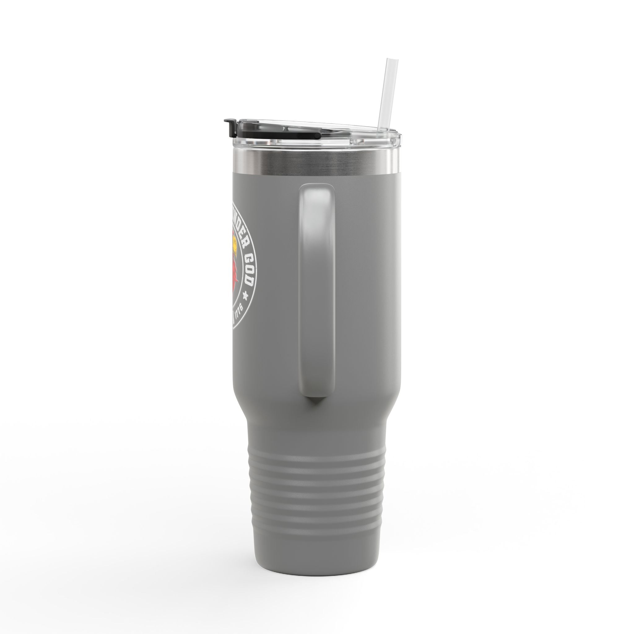 Gray tumbler with a logo on a white background
