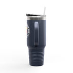 Navy blue tumbler with a logo on a white background