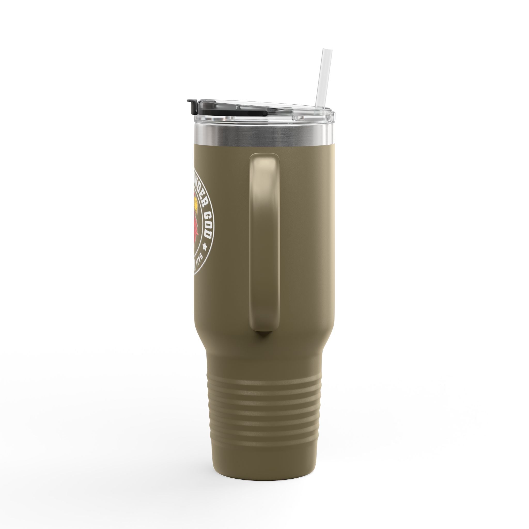 Olive Green insulated tumbler with a straw on a white background