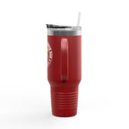 Red tumbler with a logo on a white background