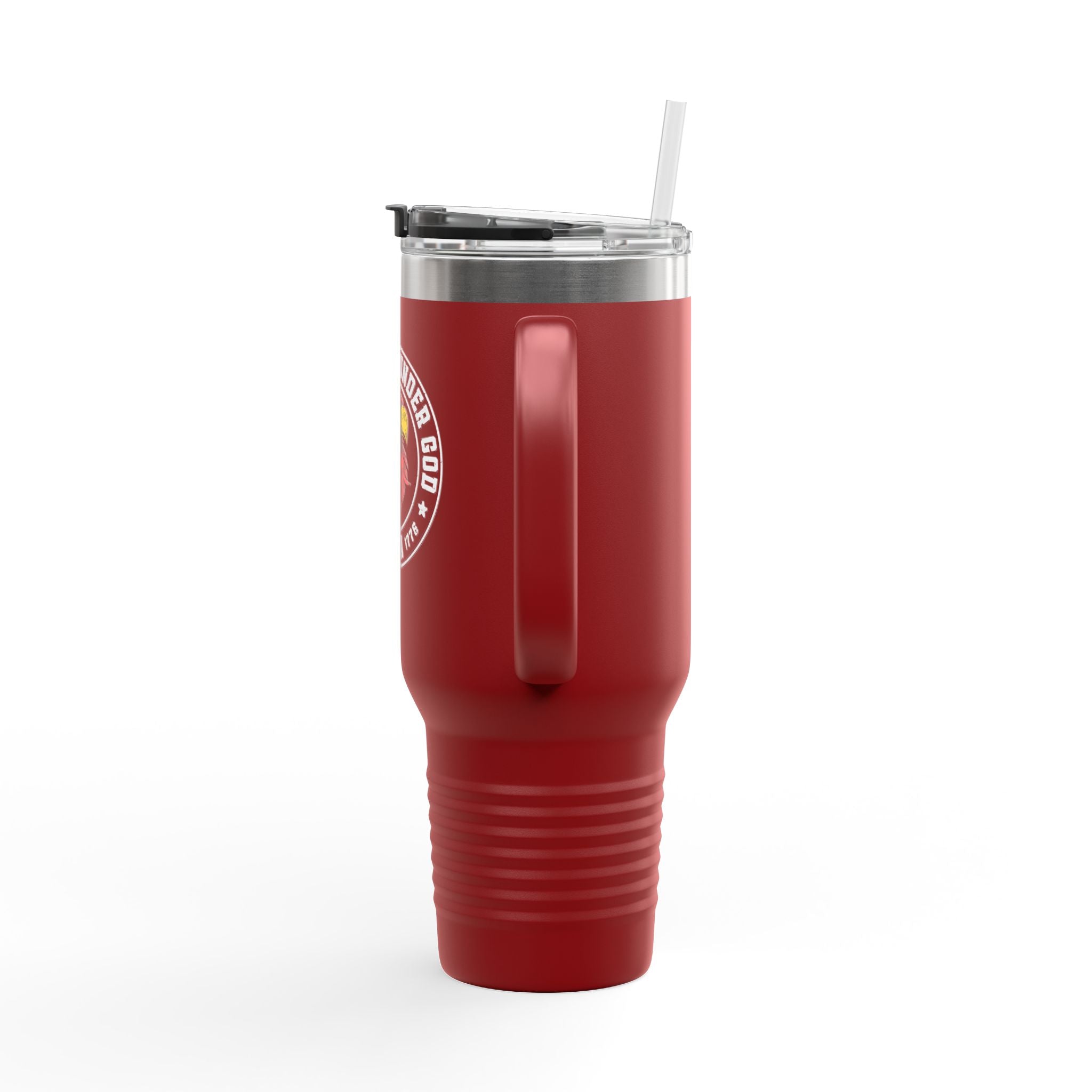 Red tumbler with a logo on a white background
