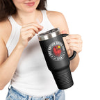 Person holding a black travel mug with a logo and text on a white background