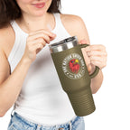 Person holding a olive green travel mug with a logo and text on a white background