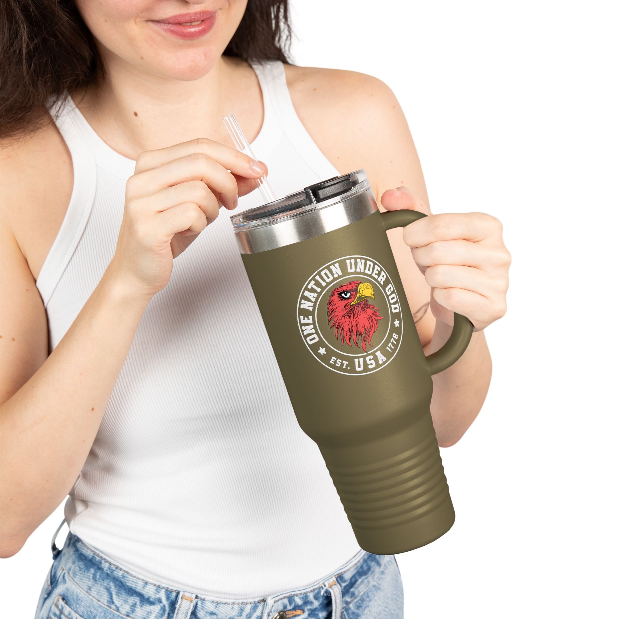 Person holding a olive green travel mug with a logo and text on a white background