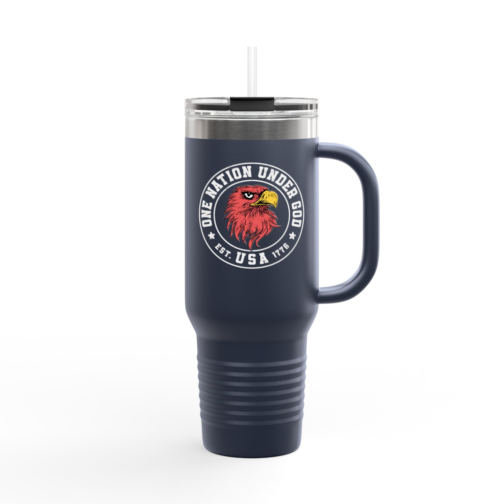 Navy blue travel mug with a logo featuring an eagle on a white background