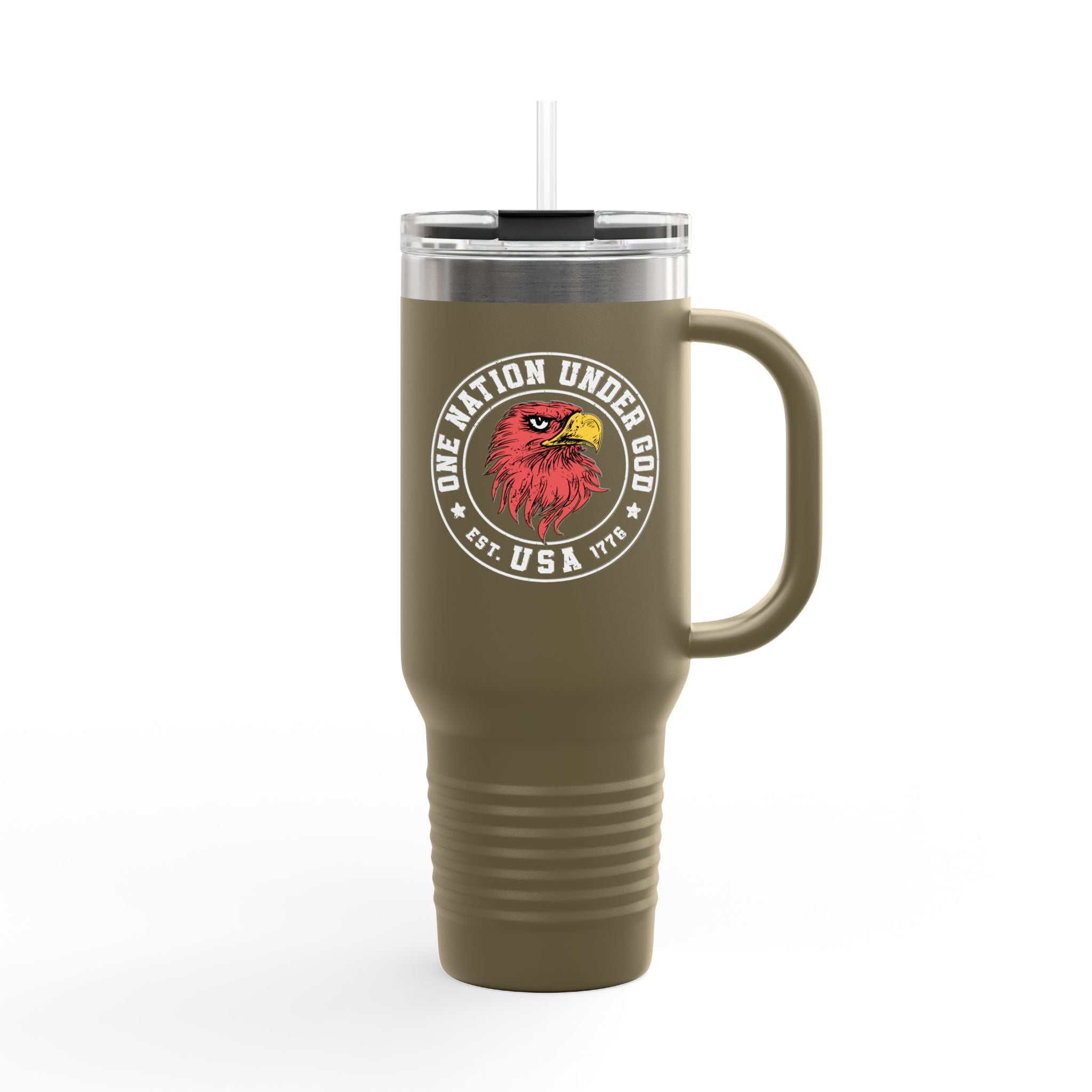 Olive green travel mug with a red and white eagle design on a white background