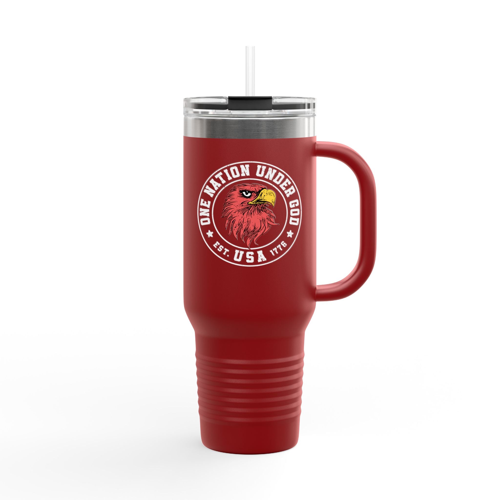 Red travel mug with a logo and text on a white background