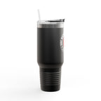Black tumbler with a logo on a white background