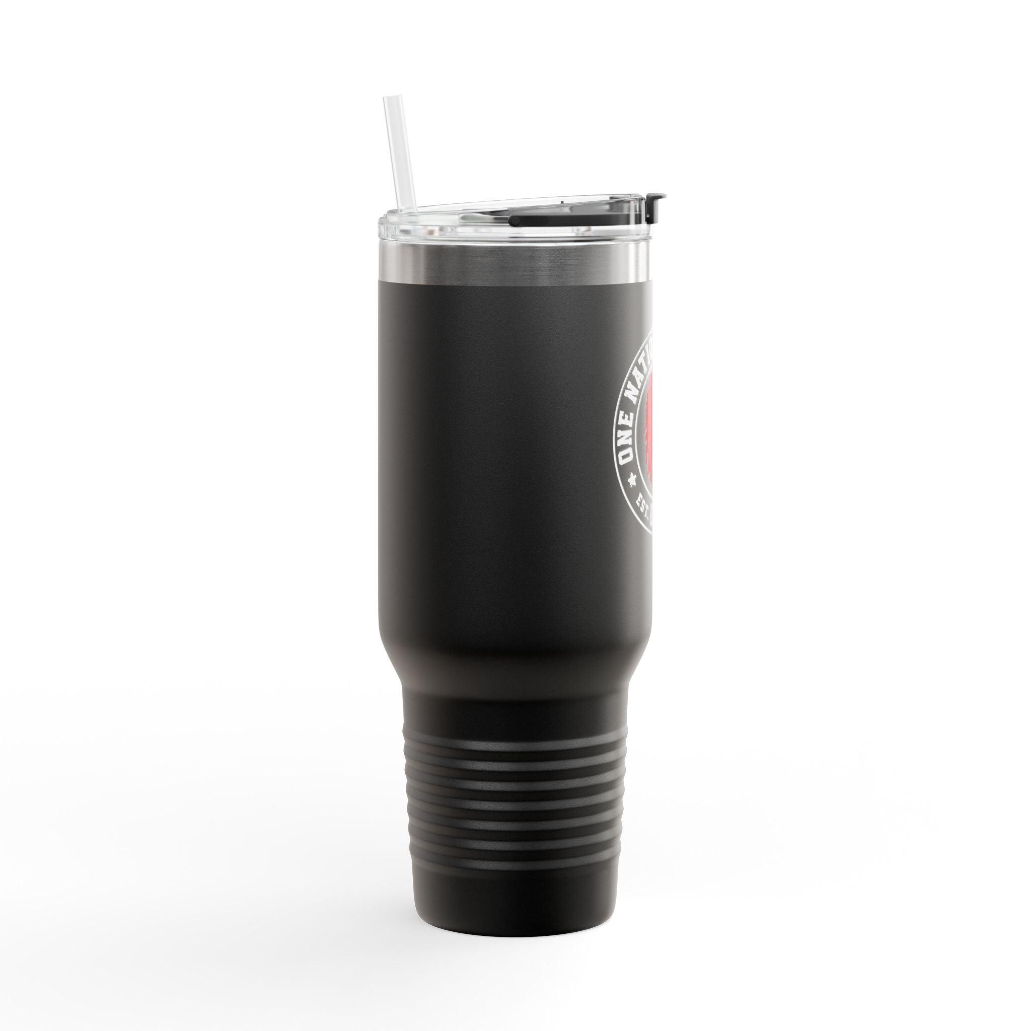 Black tumbler with a logo on a white background