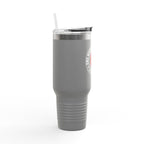 Gray tumbler with a straw on a white background