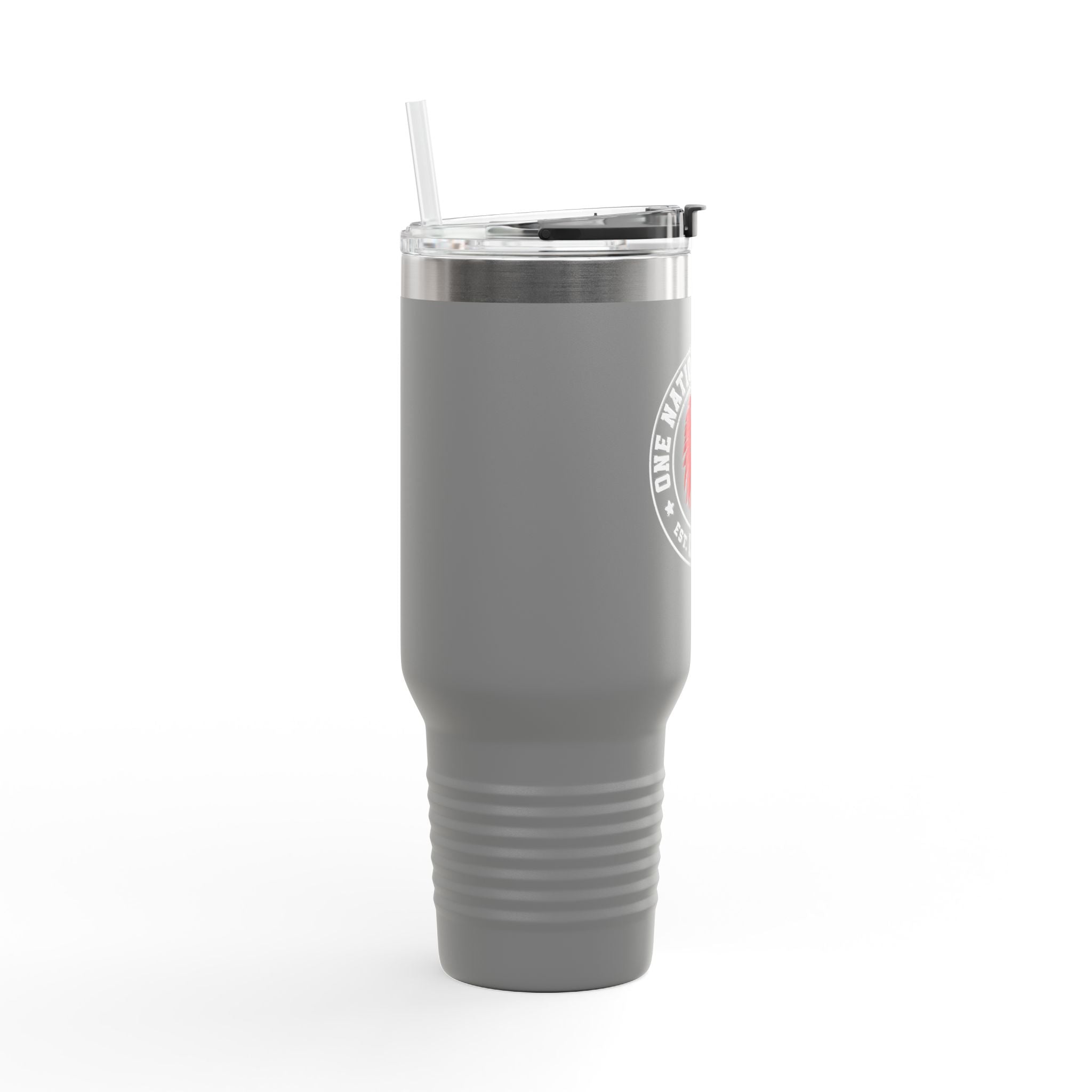 Gray tumbler with a straw on a white background