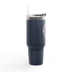 Navy blue tumbler with a logo on a white background
