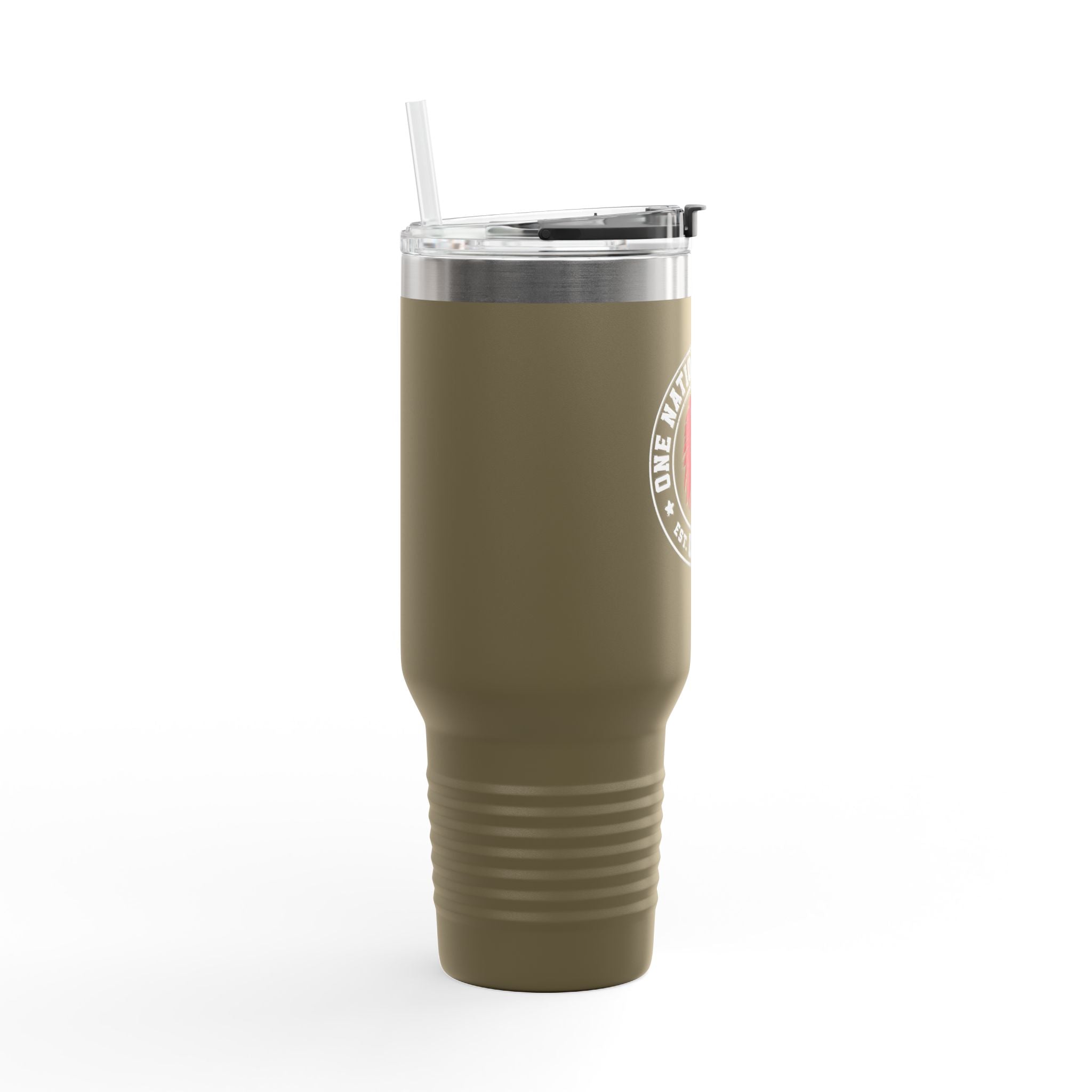 Olive Green tumbler with a straw on a white background