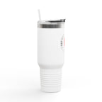 White tumbler with a silver lid on a white background
