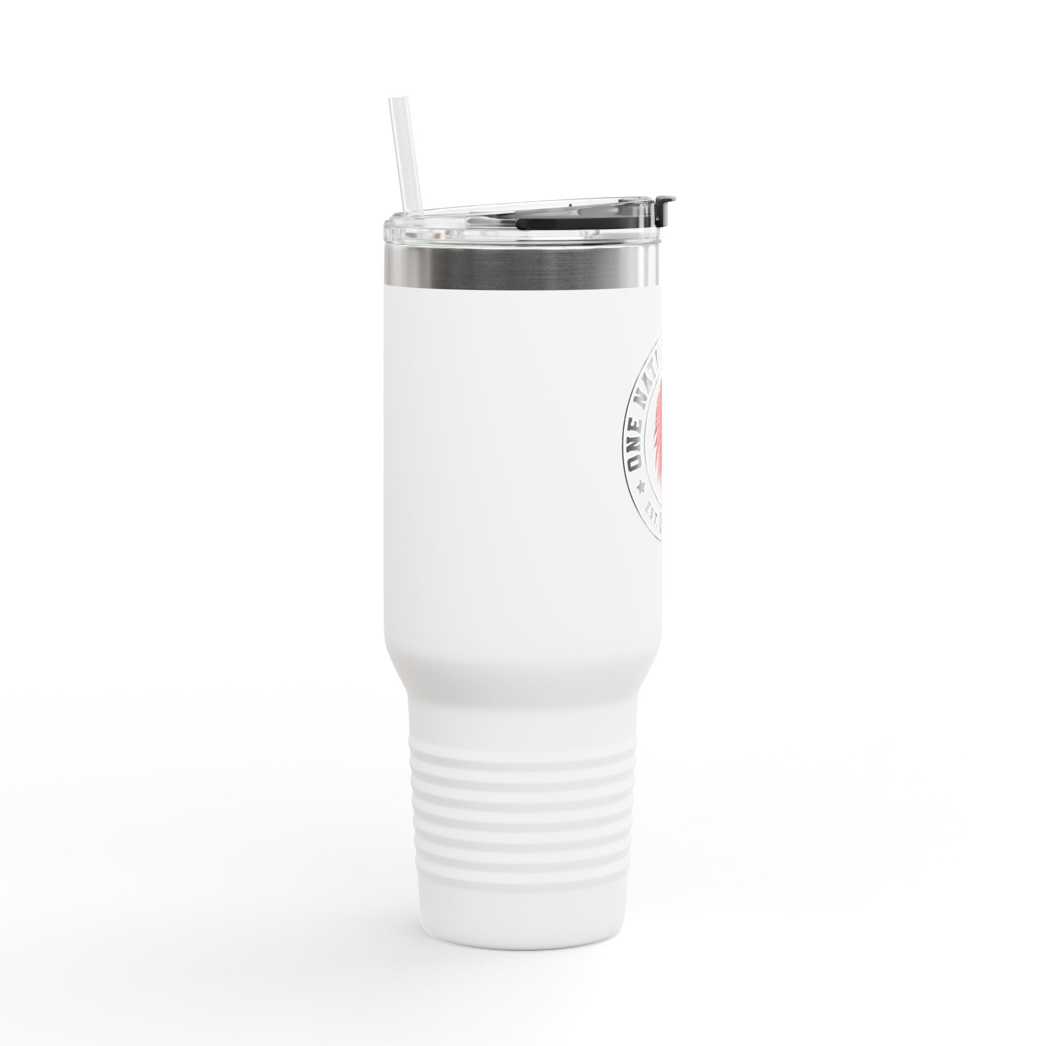 White tumbler with a silver lid on a white background