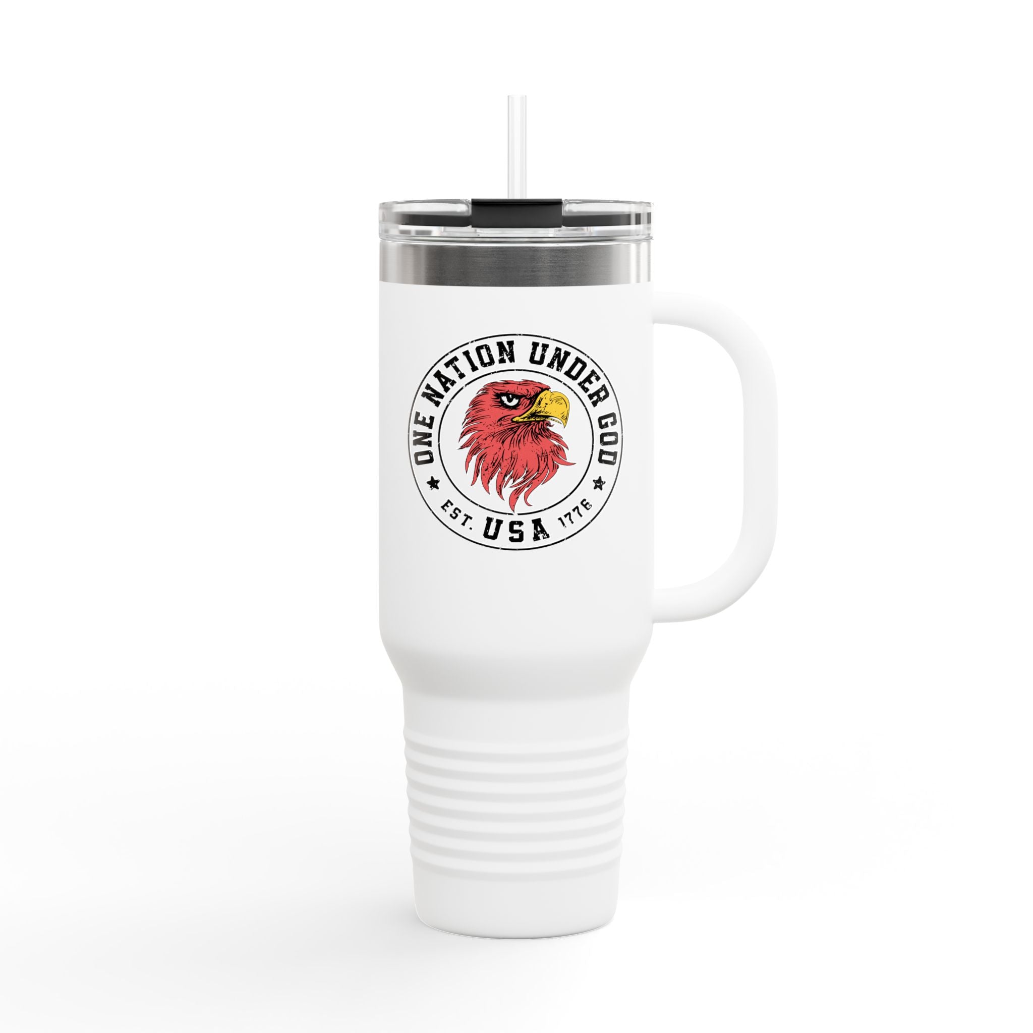 White travel mug with a logo and text on a white background