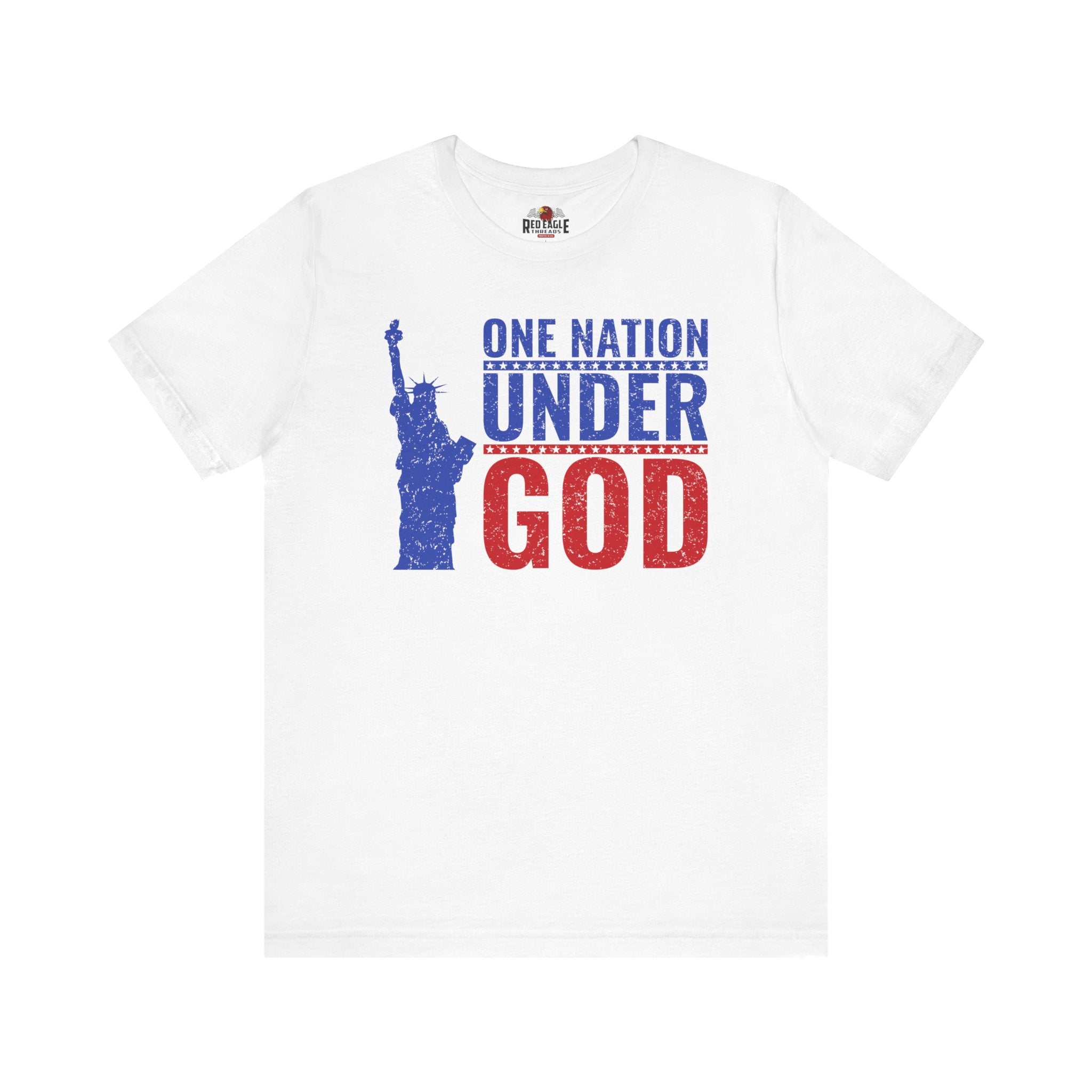 White t-shirt with blue and red graphic of the Statue of Liberty and 'One Nation Under God' text on a white background.