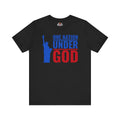 Black t-shirt with blue and red graphic design on a white background