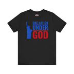 Black t-shirt with blue and red graphic design on a white background