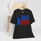 Black t-shirt with 'One Nation Under God' graphic on a hanger against a white background