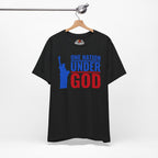 Black t-shirt with 'One Nation Under God' graphic on a hanger against a white background