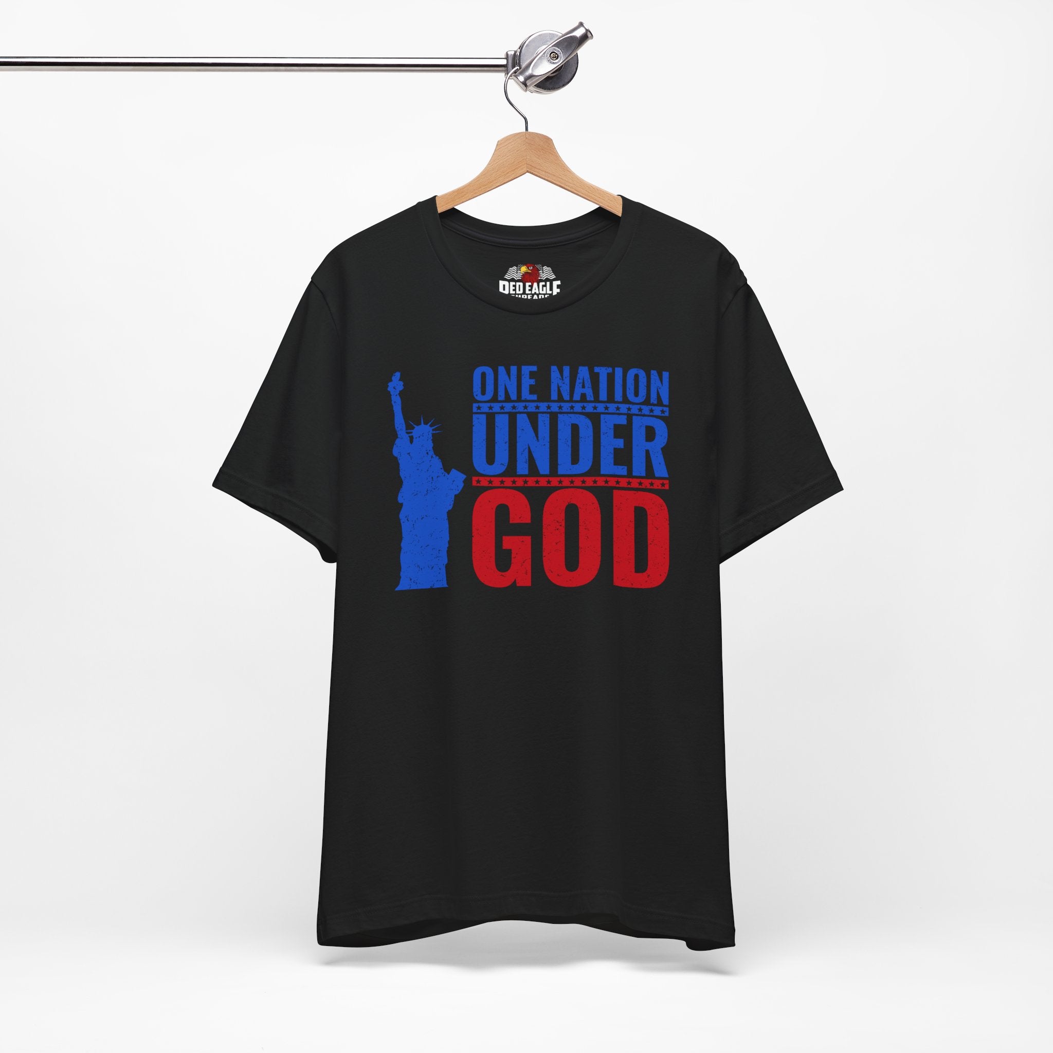Black t-shirt with 'One Nation Under God' graphic on a hanger against a white background