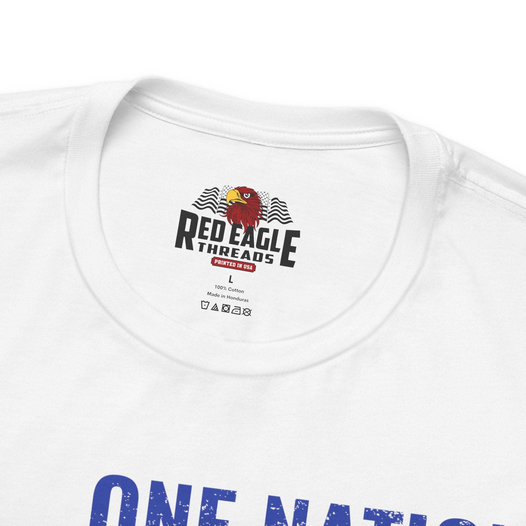 White t-shirt with 'Red Eagle Threads' logo and 'One Nation' text on a white background
