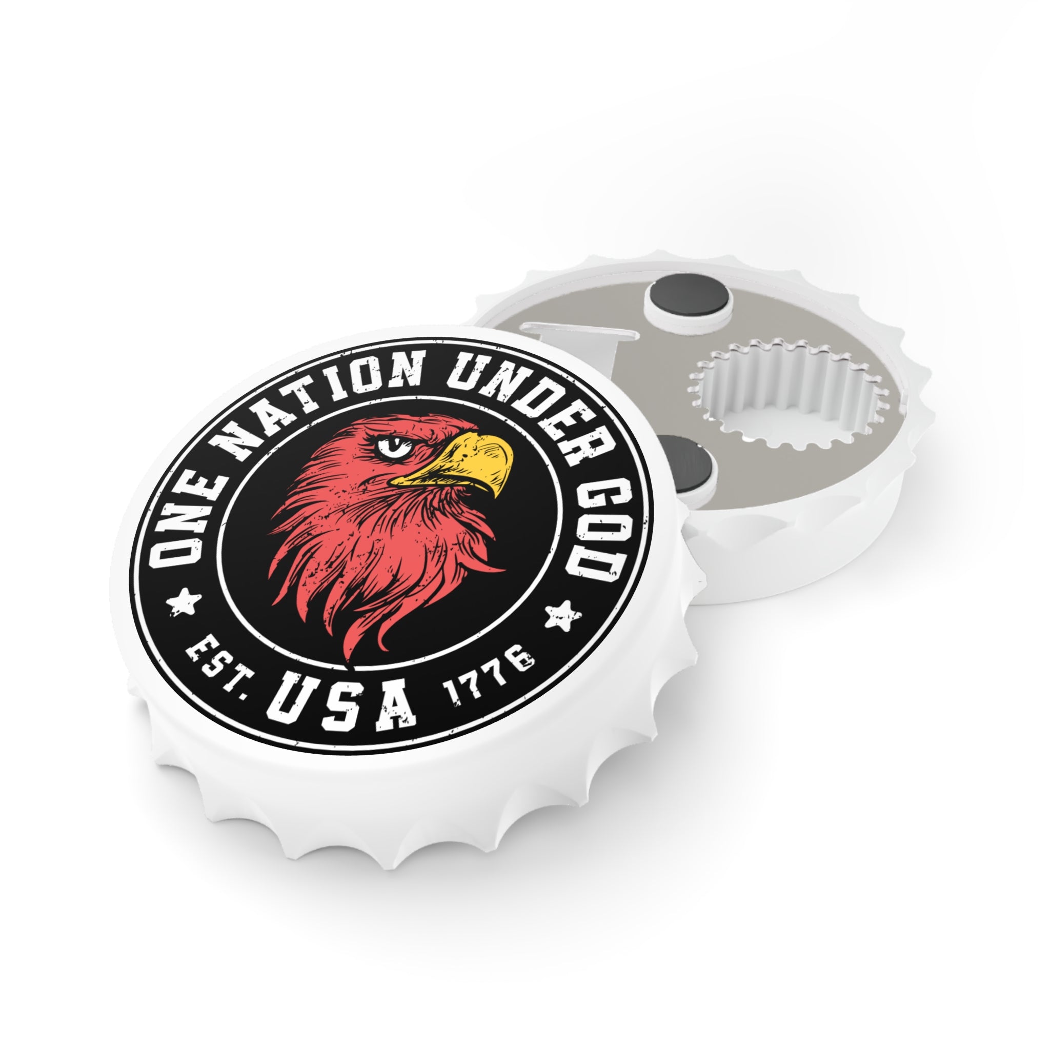 Bottle opener fridge magnet with 'One Nation Under God' design featuring an eagle on a white background
