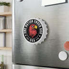 Bottle opener fridge magnet with an eagle design and text on a refrigerator in a kitchen setting