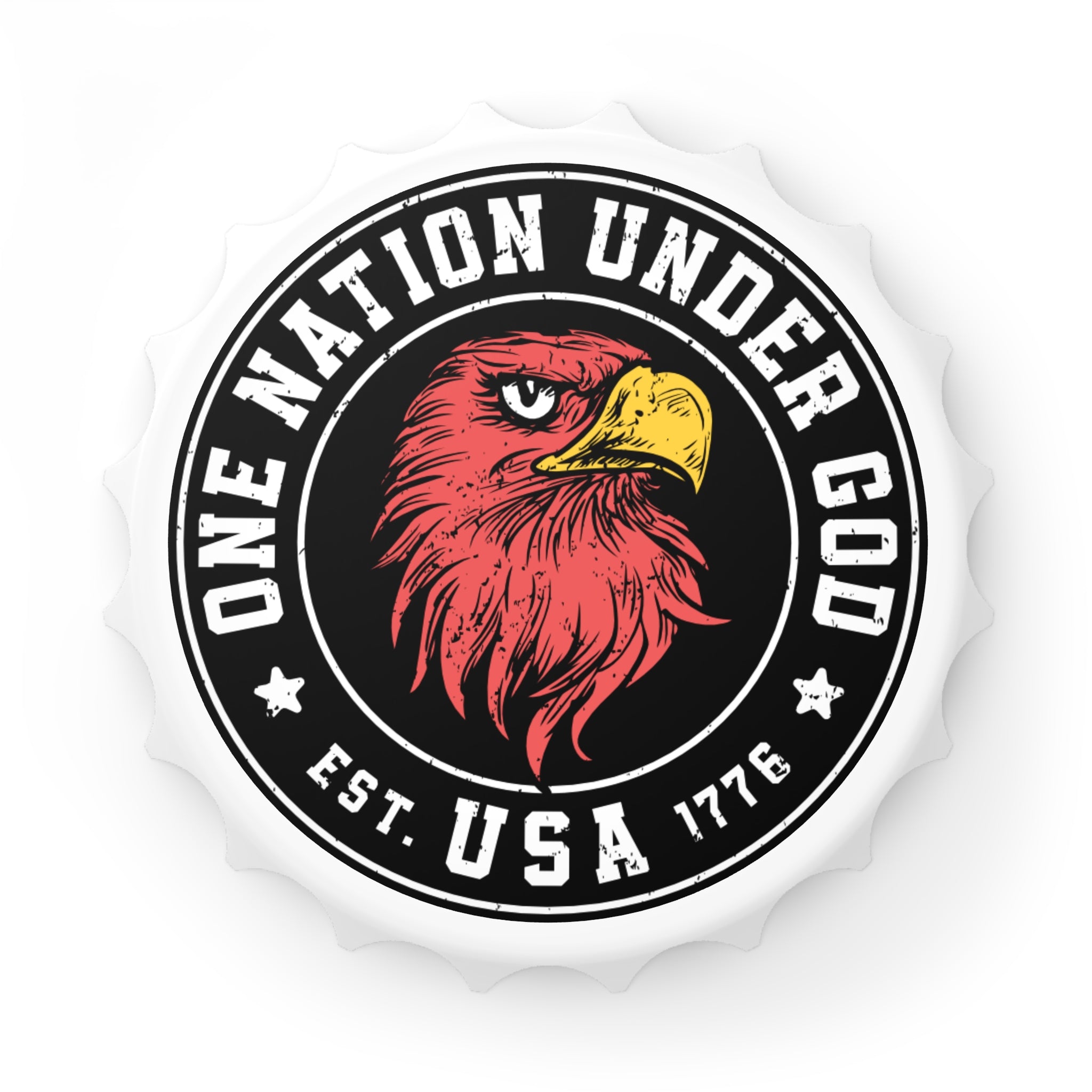 Bottle opener fridge magnet with circular logo with red eagle and 'One Nation Under God' text on a white background