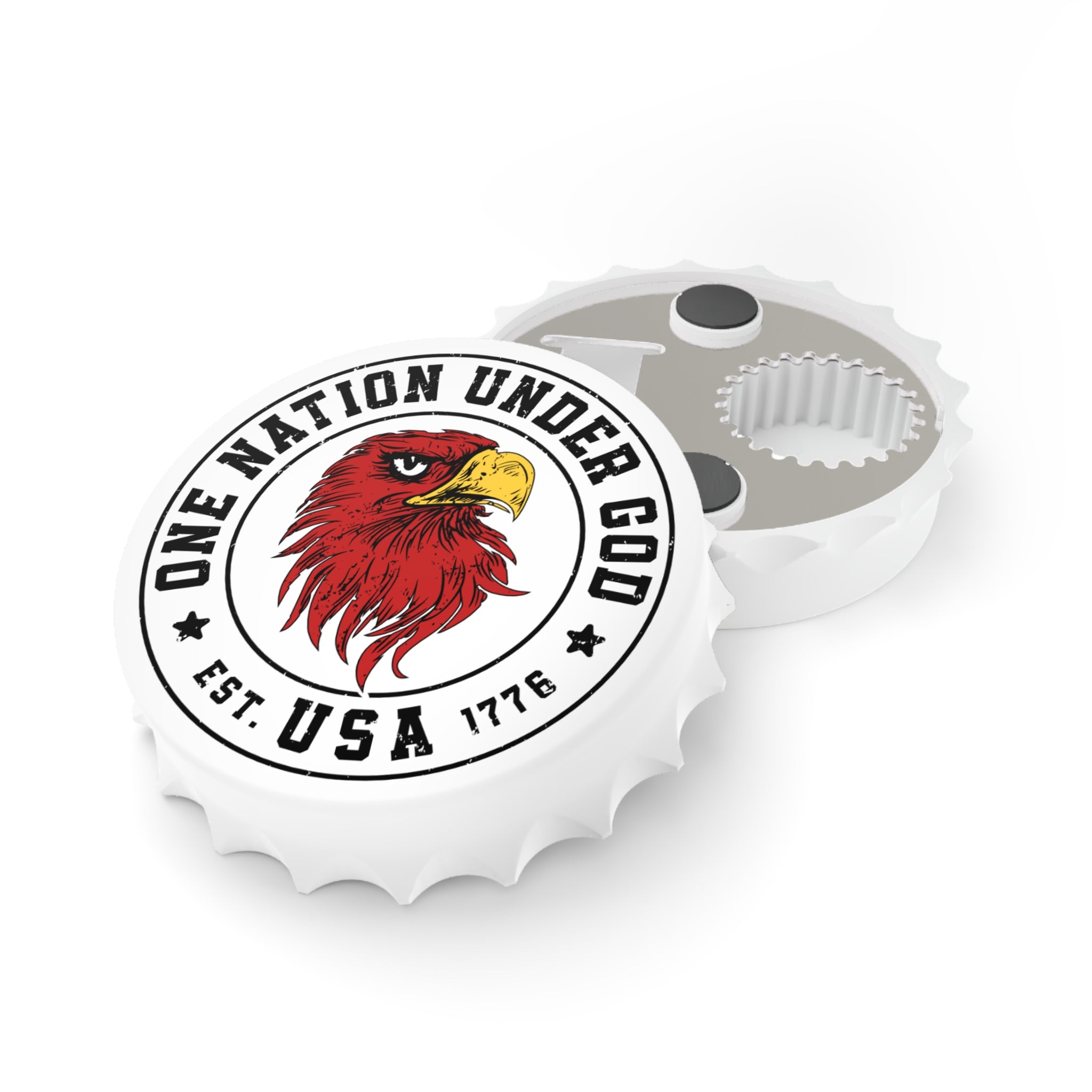 White bottle opener with red and black eagle design and 'One Nation Under God' text on a white background