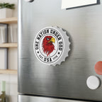 Bottle opener fridge magnet with an eagle design and text on a metallic surface