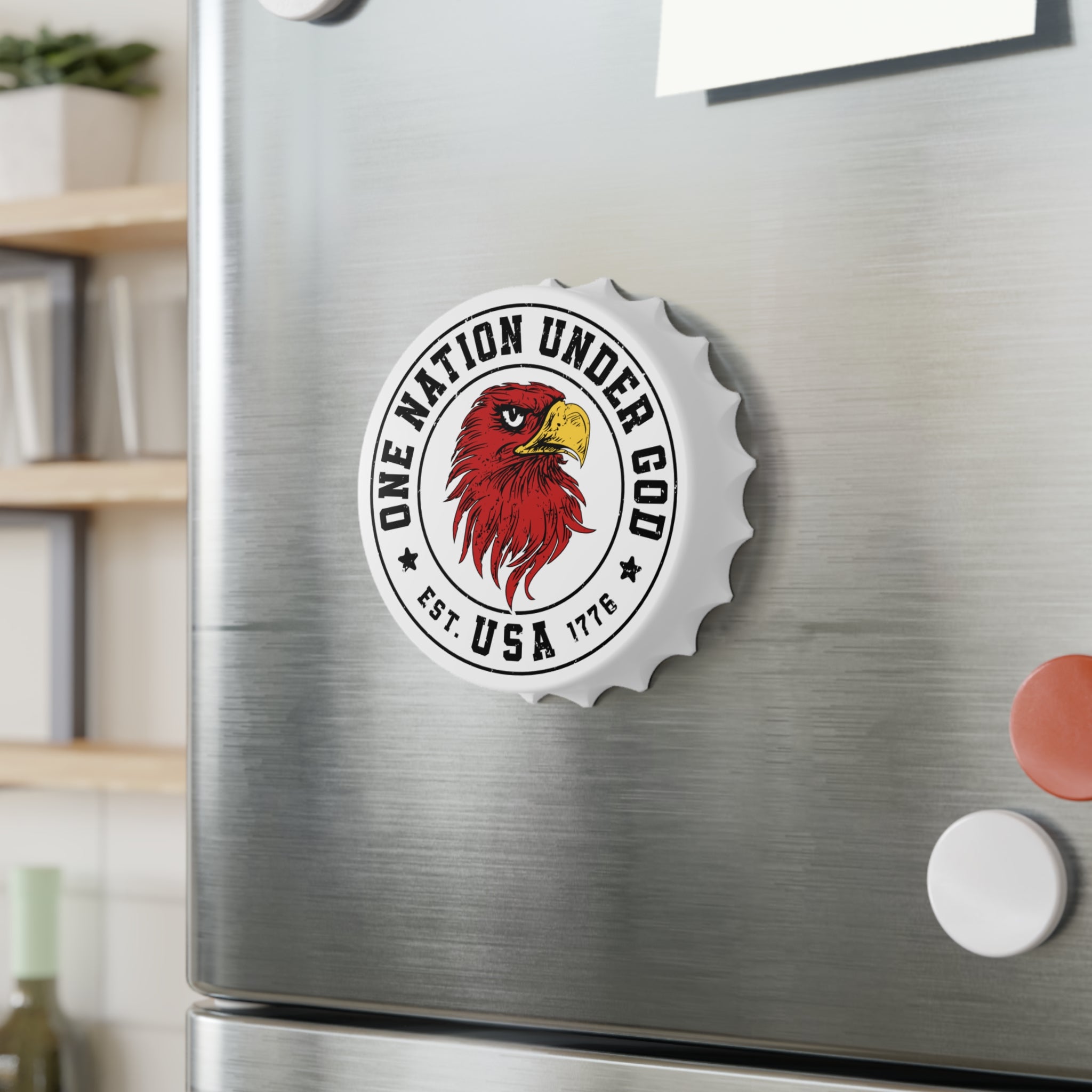 Bottle opener fridge magnet with an eagle design and text on a metallic surface