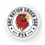 Bottle opener fridge magnet with circular logo with red eagle head, 'One Nation Under God', and 'USA' text on a white background