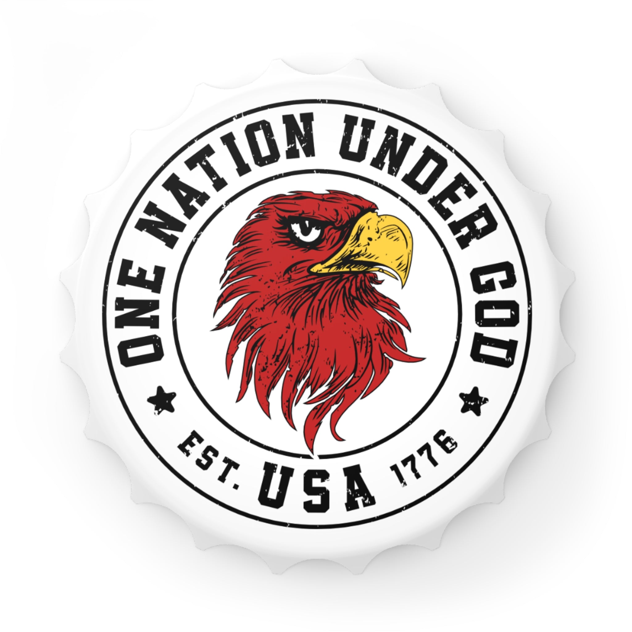 Bottle opener fridge magnet with circular logo with red eagle head, 'One Nation Under God', and 'USA' text on a white background