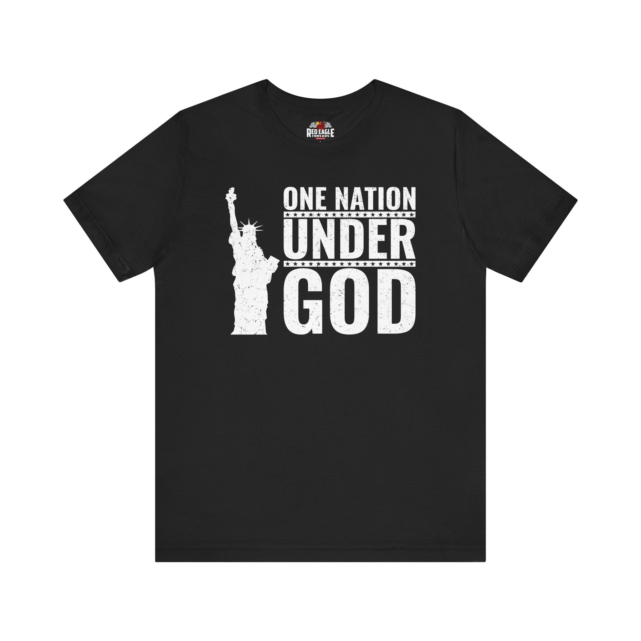 Black t-shirt with 'One Nation Under God' graphic and Statue of Liberty in white print