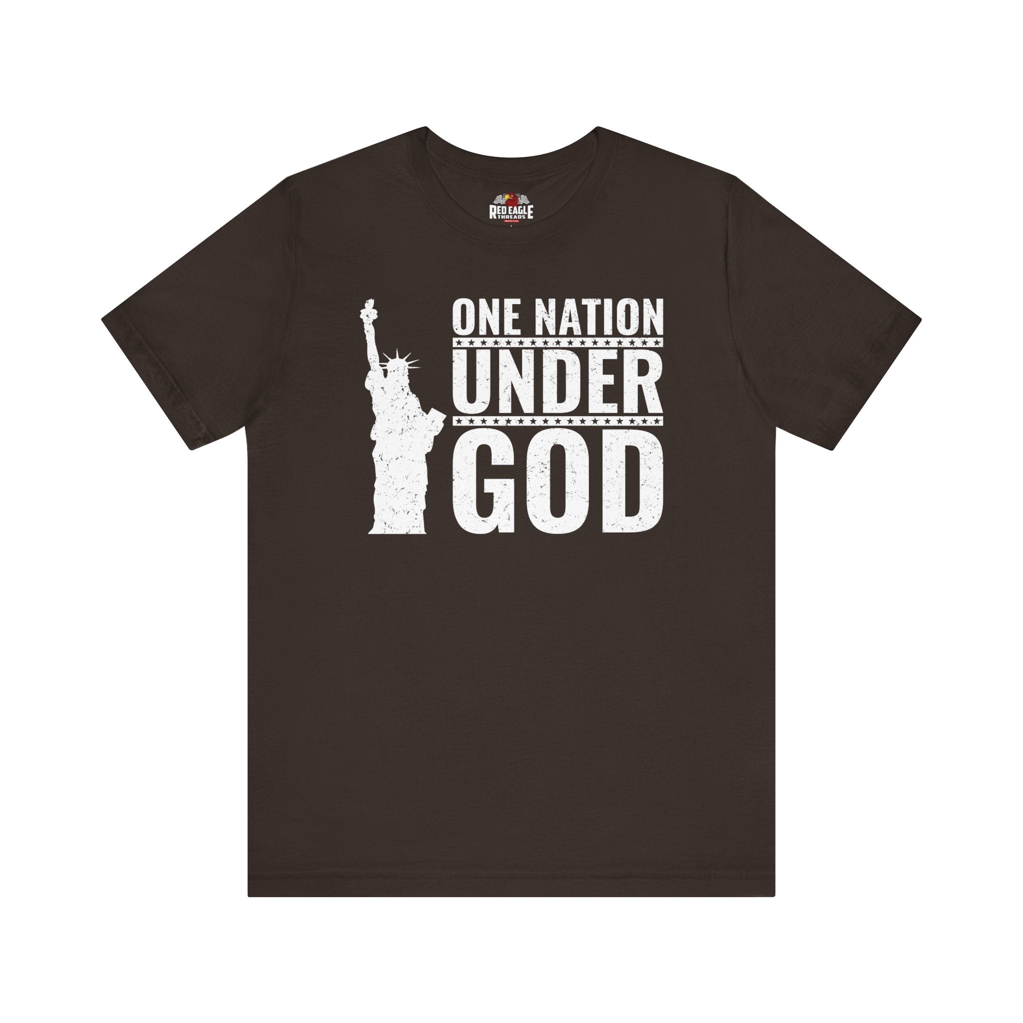 Brown t-shirt with 'One Nation Under God' graphic and Statue of Liberty in white print