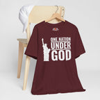 Maroon t-shirt with 'One Nation Under God' graphic on a white background
