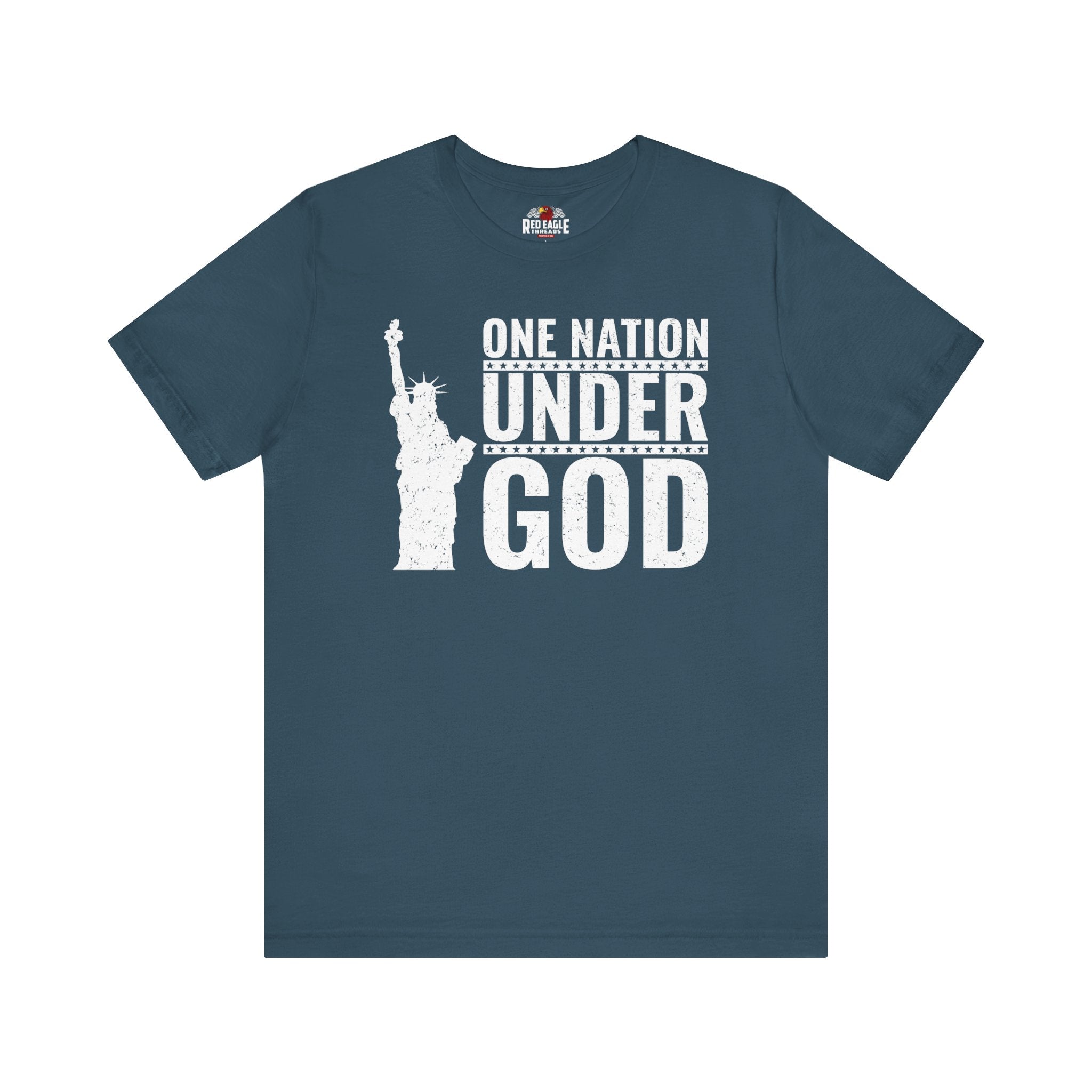 Deep teal t-shirt with 'One Nation Under God' graphic and Statue of Liberty in white print