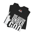 Black t-shirt with 'One Nation Under God' design and Red Eagle Apparel logo.