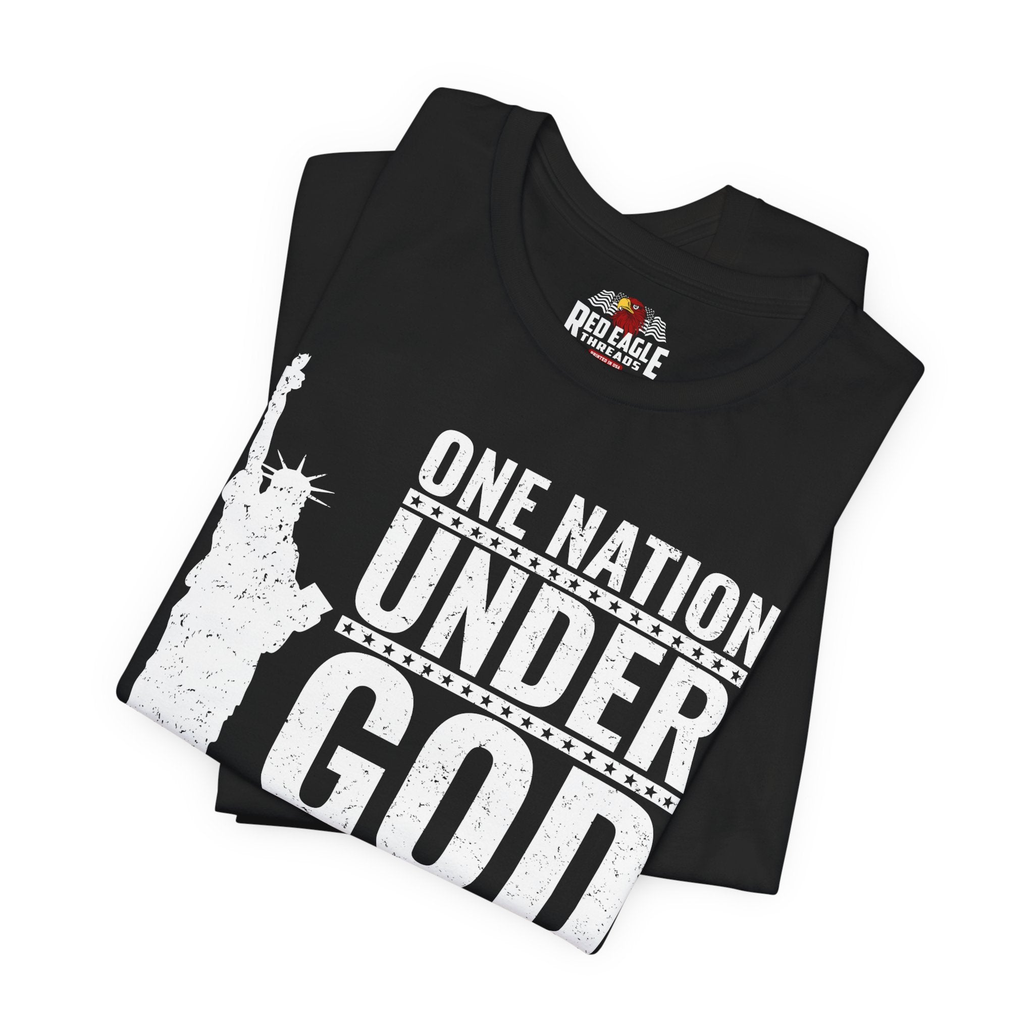 Black t-shirt with 'One Nation Under God' design and Red Eagle Apparel logo.