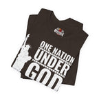 Black t-shirt with 'One Nation Under God' text and Statue of Liberty graphic, featuring Red Eagle Apparel logo.