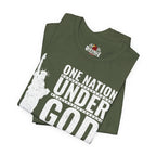 Military Green t-shirt with 'One Nation Under God' text and Statue of Liberty graphic on a white background